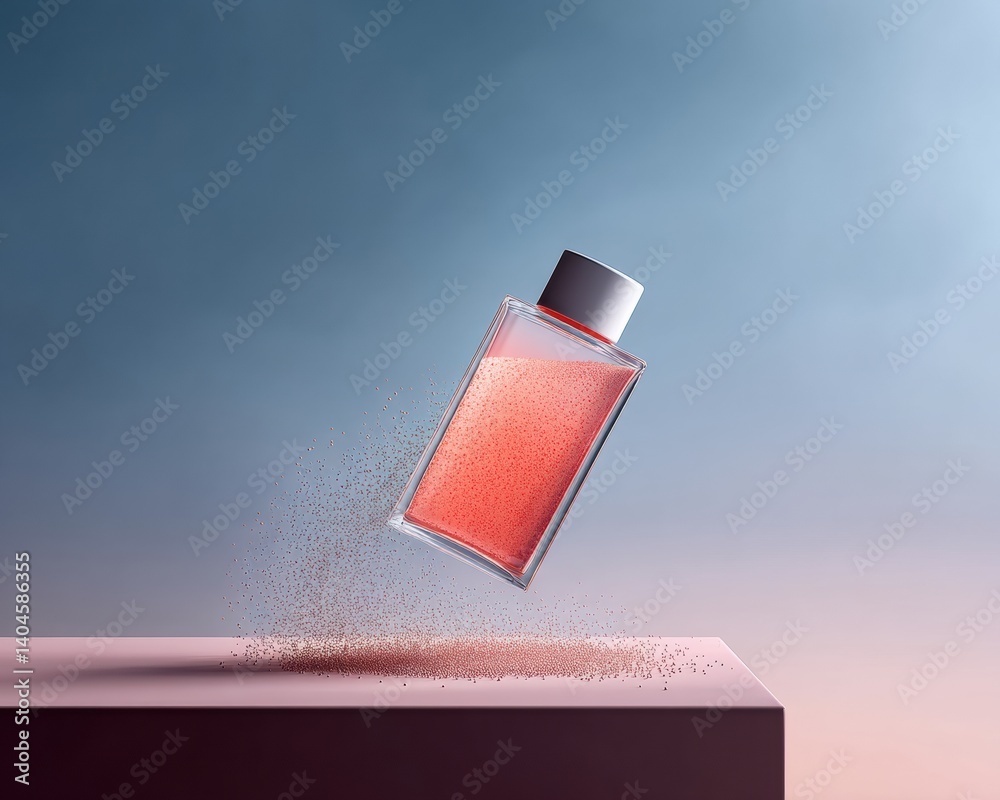 Poster Ethereal Digital Fragrance Showcase Immersive Perfume Branding with Floating Gradient Glass Bottle and Particle Dynamics for Next-Gen Marketing Experiences