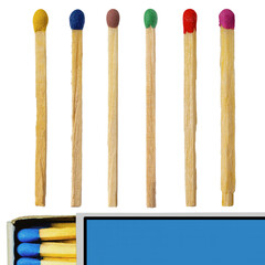 Collection of colored matches arranged in a row with a box