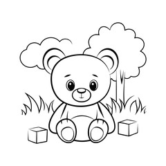 cute teddy bear with toy blocks  grass and a tree .eps