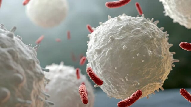 Immune cells attacking bacteria in a microscopic environment  