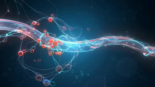 The camera dollies in to capture dynamic signaling molecules and peptides travelling through a venue, backlight with rim effects