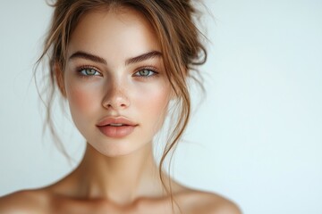 Beautiful young European woman with clean fresh skin and nude makeup standing over white studio background, posing to camera, Generative AI
