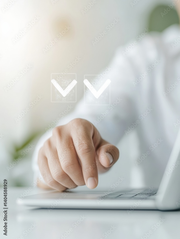 Aufkleber Next-Gen Digital Verification Minimalist Tech Professional Demonstrating AI-Powered Quality Assurance Workflow with Intuitive Holographic Checkmark Interface