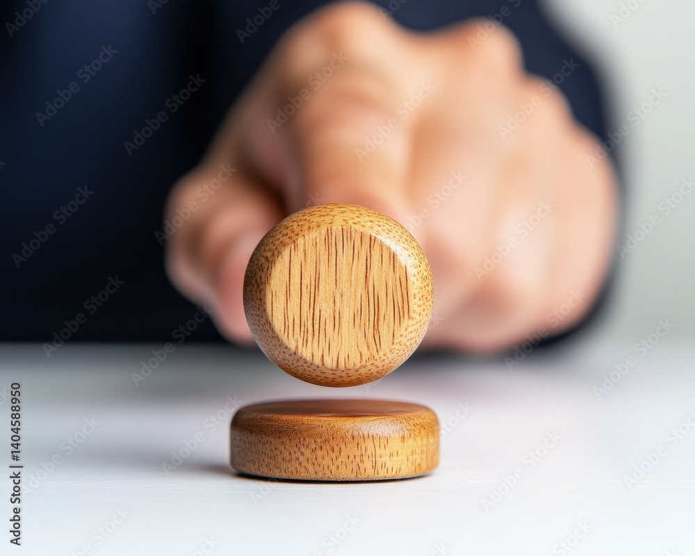 Poster minimalist wooden validation stamp dynamic business certification process with tactile levitation de
