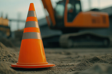 close up of orange traffic cone positioned on construction site, surrounded by sand and dirt, with blurred construction vehicle in background, creating sense of activity and focus
