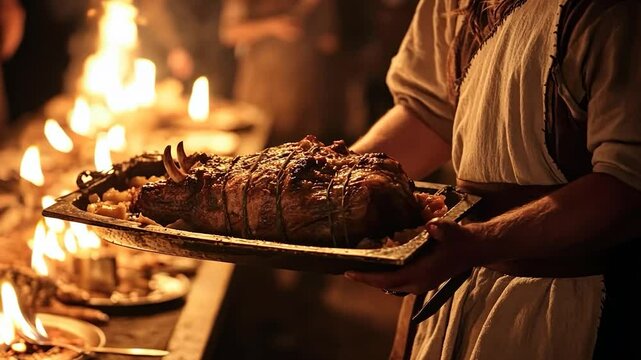 Ancient feast, roasted meat, served by a person