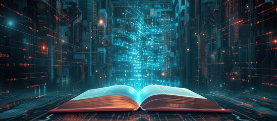 Futuristic open book for education with digital futuristic elements graphic.Generated AI