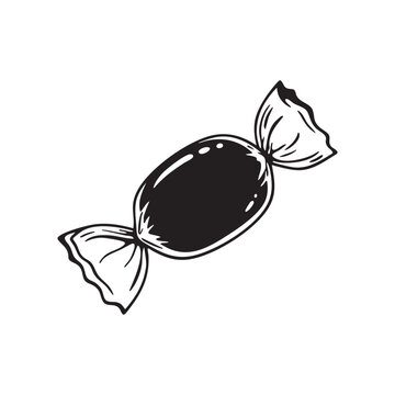 Hard candy with twisted wrapper in black vector food icon design