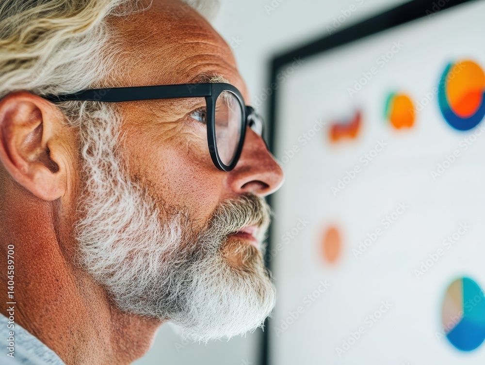 Poster AI-Powered Market Intelligence Seasoned Executive Analyzing Data Visualization Trends with Advanced Digital Insights for Strategic Business Transformation