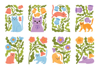 Modern stylish compositions, t-shirt designs, cards with flowers and cats set. Vector pastel, gentle illustrations with cute kitties surrounded by floral, botanical elements, plants.