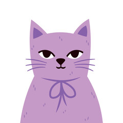 Pastel soft gentle purple cat isolated on transparent background. Trendy modern cute kitty, kitten in flat style for cards, scrapbooking, stickers.