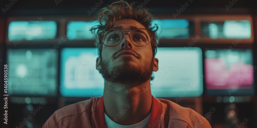 Aufkleber Hyper-Focused Tech Professional Immersive Data Visualization Environment Showcasing Next-Gen Analytics with Cinematic Cyberpunk Mood for Digital Transformation Narratives