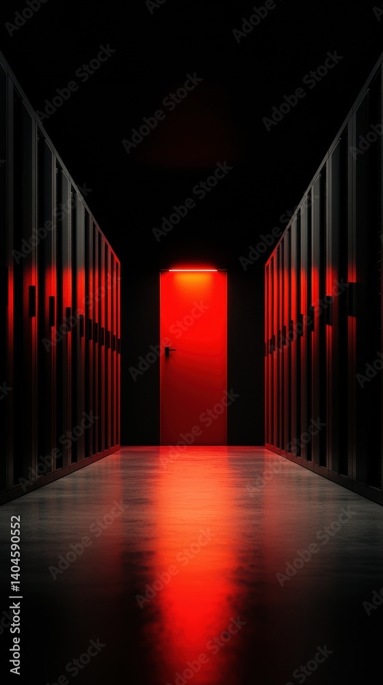 Poster Cyber Sentinel Minimalist Data Center Corridor with Dramatic Red Lighting - Next-Gen Cybersecurity Infrastructure Visualizing Digital Resilience and Technological Precision