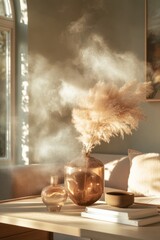 Obraz premium Soft Minimalist Sunlight Ethereal Pampas Grass Styling in Warm Neutral Interior - Aesthetic Home Decor Capturing Serene Golden Hour Ambiance