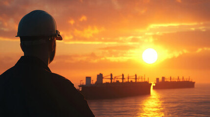 Fototapeta premium maritime consultant stands confidently against stunning sunset, observing fleet of ships on horizon. scene captures essence of maritime industry and professionalism