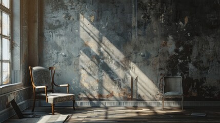 A room with a chair and a window. Scene is lonely and quiet