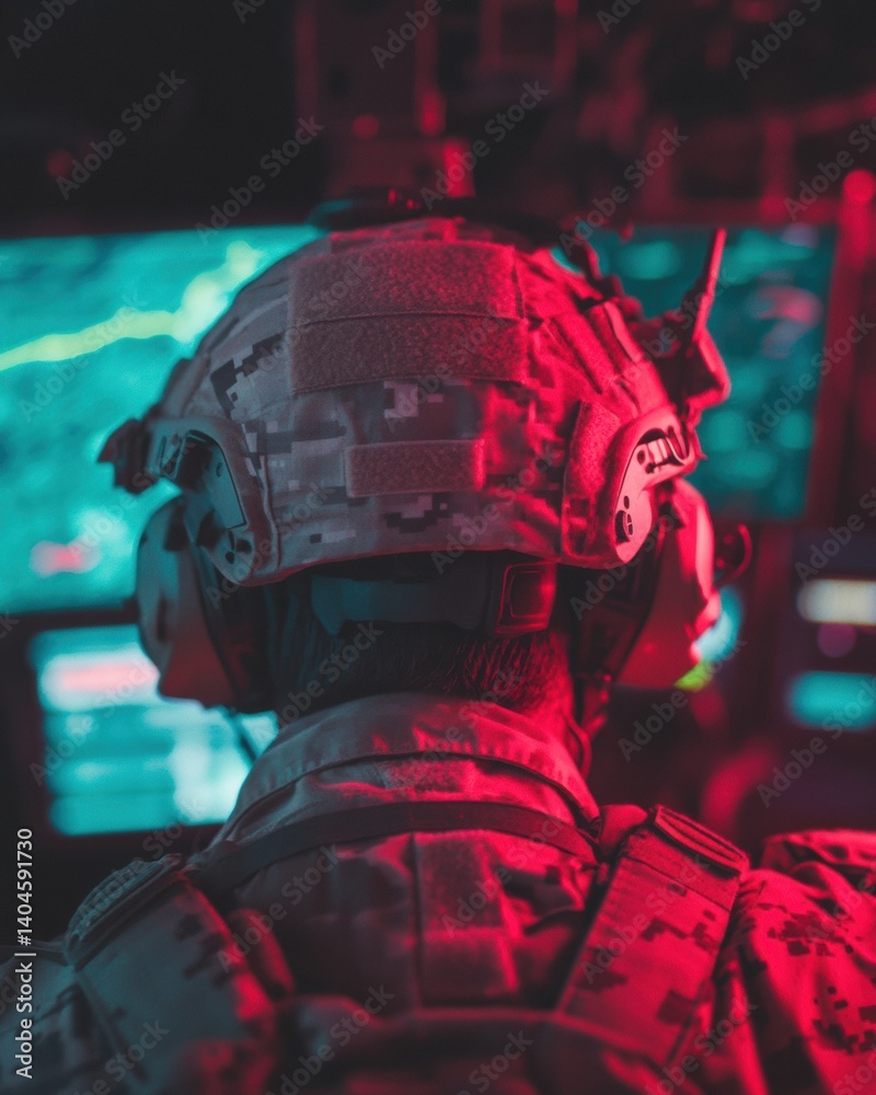 Aufkleber Cyberpunk Defense Tech Immersive Military Intelligence Visualization with Advanced Digital Surveillance - Next-Gen National Security Monitoring in High-Intensity Augmented Environment