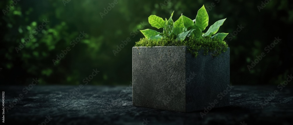 Aufkleber sustainable tech innovation minimalist concrete cube with verdant growth - eco-digital transformatio