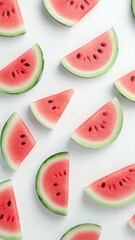 Fresh and playful hand-drawn watermelon slices pattern on white background. Generative AI