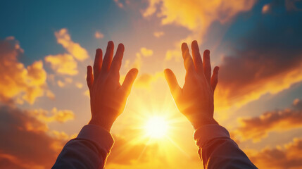 Reaching hands towards bright sunset, symbolizing hope and positivity. vibrant colors of sky create serene atmosphere, evoking feelings of gratitude and inspiration