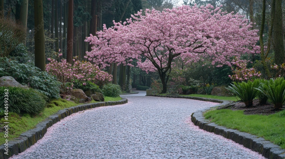 Poster a stunning display of cherry blossoms in full bloom adorns the pathway, creating a magical experienc