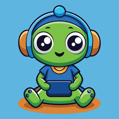 Obraz premium Cute Green Alien With Headphones Playing Tablet Illustration For Kids Content
