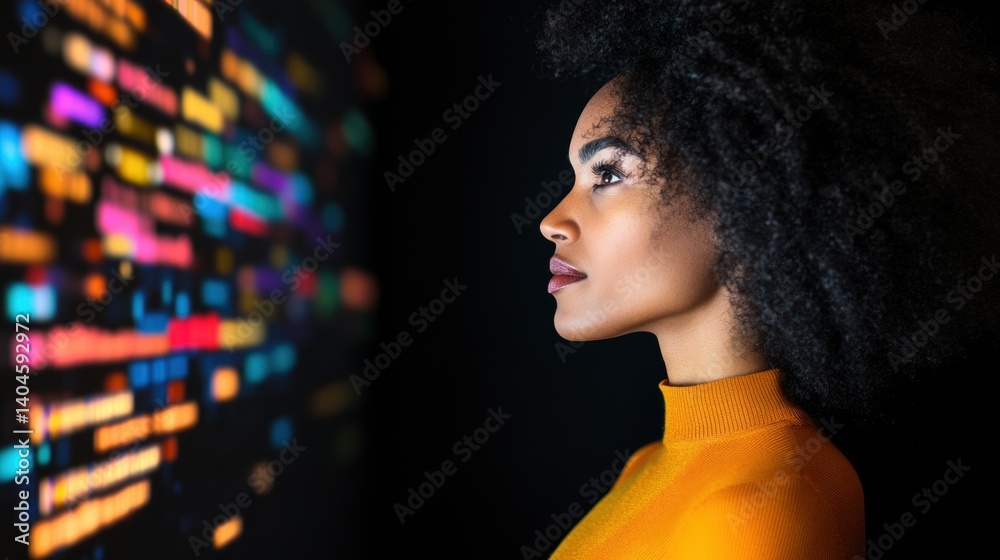 Poster immersive digital landscapes innovative tech professional in bold marigold, exploring cutting-edge v