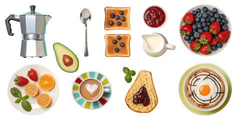 A vibrant and neatly arranged breakfast spread, featuring a variety of items