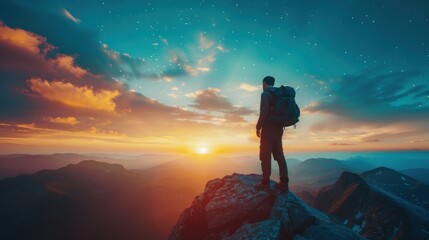 Obraz premium Lone Hiker at Sunrise on a Mountain Peak