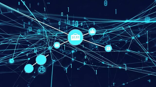Abstract Digital Network Visualization:  Interconnected Data Points and Binary Code