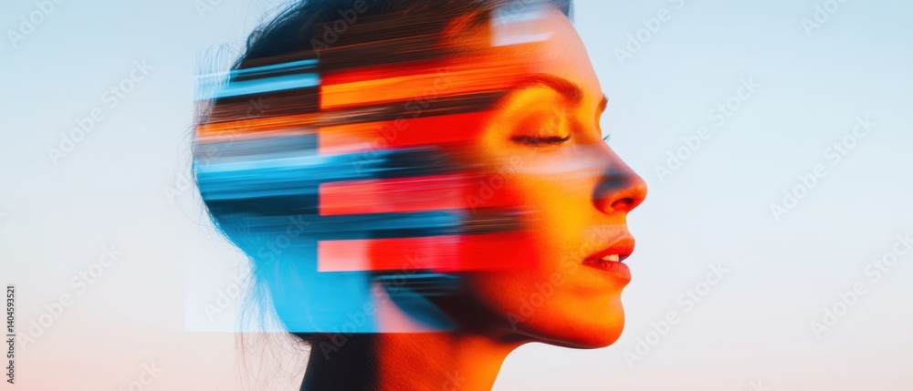 Poster Neurotech Fusion Dynamic AI-Powered Human Experience Visualization with Prismatic Motion Blur Revealing Cognitive Transformation and Emotional Intelligence