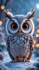 Obraz premium A charming illustration of a cartoon owl with big, round eyes, standing in a snowy winter scene. The owl has detailed feathers and a cute expression, making it perfect for children's illustrations.