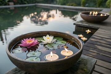 Fototapeta premium Floating Candles with Lotus Flowers for Vesak and Buddha Purnima