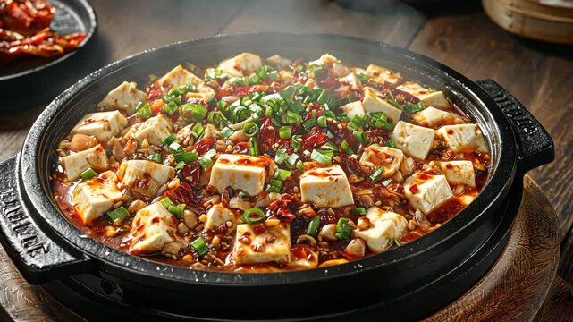 Mapo Tofu, with chili peppers and Sichuan peppercorns in the pot