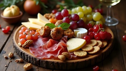 Assorted charcuterie board with cured meats, cheeses, fruits, and nuts