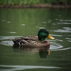 "A mallard duck floating peacefully on a calm pond, soft ripples in the water, bright green head and brown chest, photorealistic, natural lighting."
