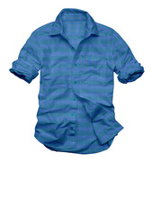 Isolated on white, a casual blue plaid shirt and a  shirt are stylish menswear apparel made of...