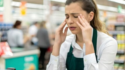 Female cashier experiencing stress in a busy supermarket  