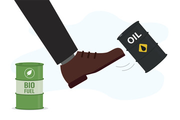 Businessman foot kick off oil barrel and replaces it with biofuel. Refusal of oil products and gasoline, alternative energy. Petroleum industry crisis. Traders sell off oil.