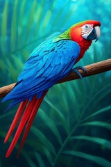 Obraz premium Pixel Art Macaw Perched on Branch in Lush Tropical Foliage