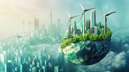 Future concept of green global earth environmental technology with windmill and city buildings