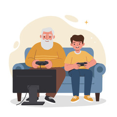 Elderly man and young boy enjoying video games on the couch.  Father's Day