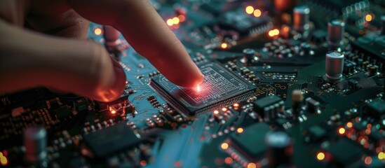 Hand touch a Circuit Board CPU Processor Microchip technology Starting Artificial Intelligence.