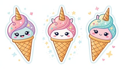 Cute ice cream emoji sticker set featuring a glittery unicorn ice cream with a magical horn and a trail of stardust.