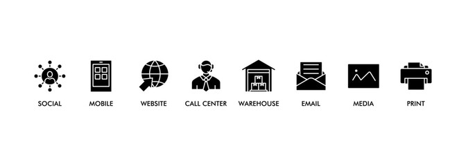 OMNICHANNEL banner web icon vector illustration concept with icon of social media, mobile, website, call center, print, email, and warehouse
