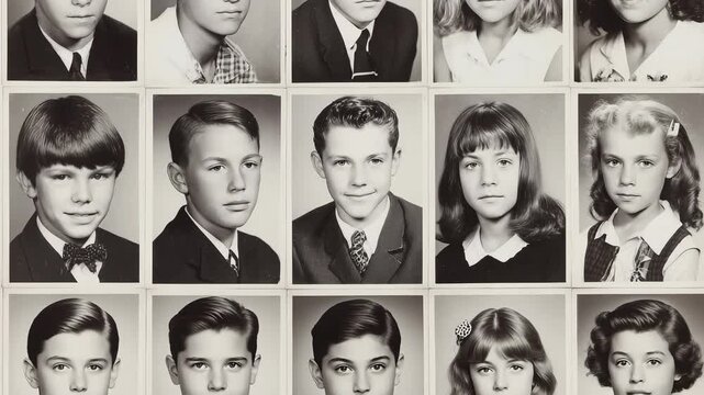Black and white portraits of school children in formal attire, arranged in a grid with stoic expressions and soft lighting, gentle dolly downward evokes mid-century yearbook photography