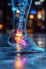 detailed anatomical illustration of human ankle, showcasing bones and joints with highlighted areas indicating pain or injury. image emphasizes structure and function of ankle joint, providing