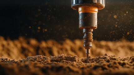 close up view of drilling tool penetrating soil, showcasing intricate details of soil layers and tool movement. image captures dynamic interaction between drill and earth, evoking sense