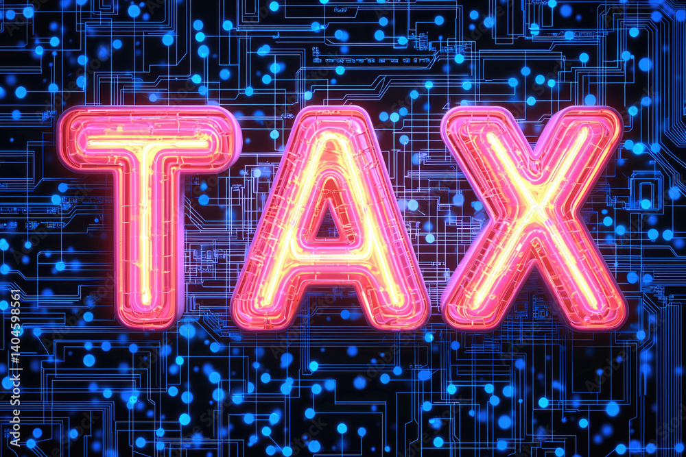 Poster neon lit tax sign glowing against backdrop of digital circuitry, symbolizing finance and technology.
