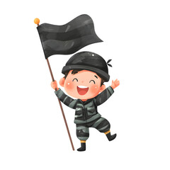 Obraz premium Cartoon soldier waving flag in celebration, cute character style, isolated